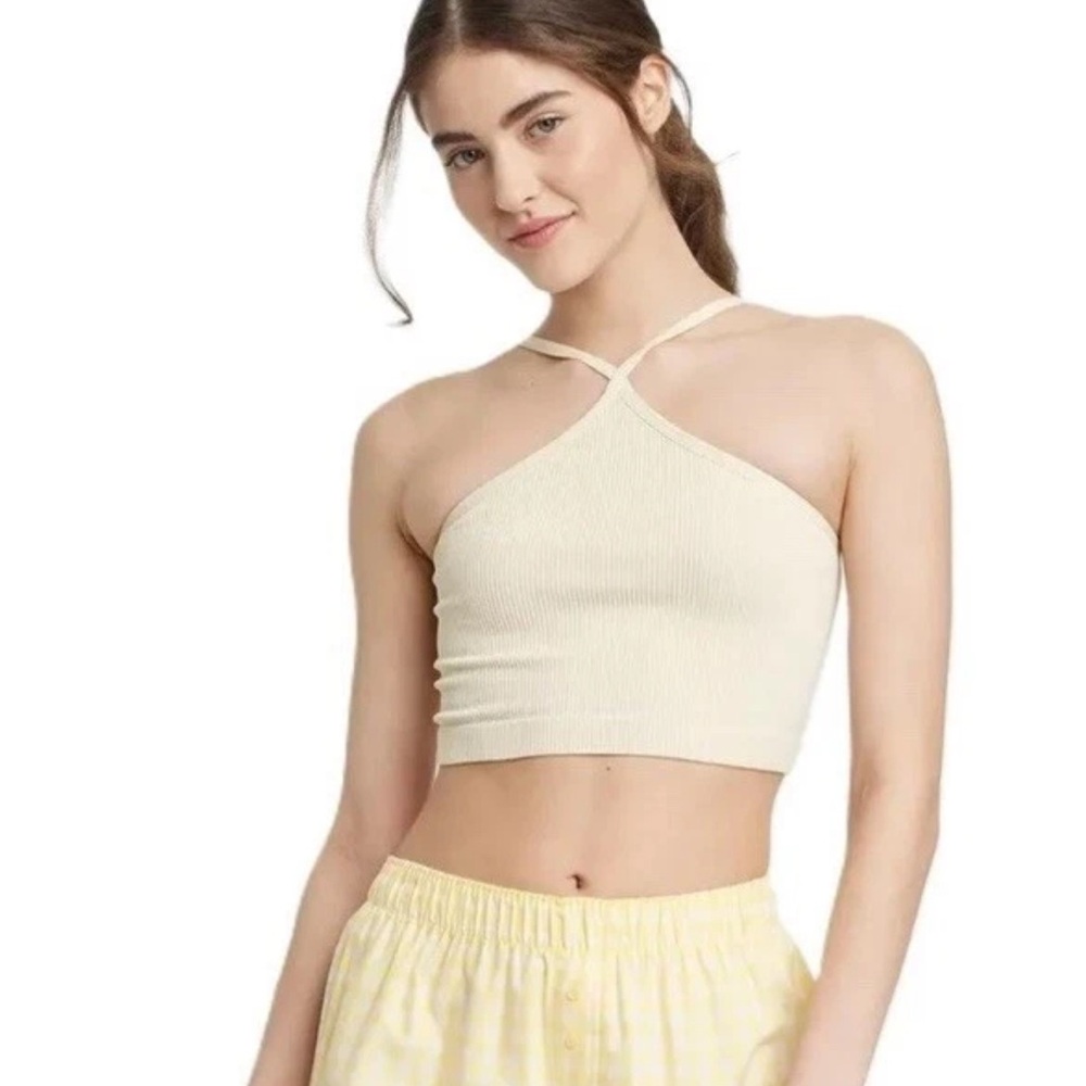 Colsie Ribbed Cropped Tank Top Womens Large Cream Beige Strappy NWT - Picture 8 of 12